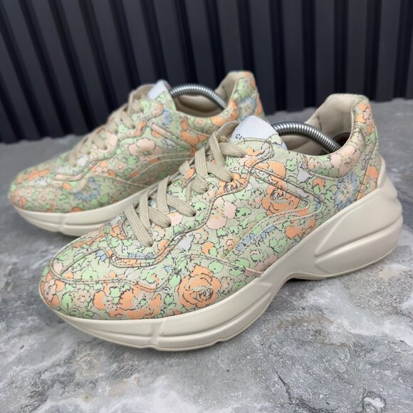 GUCCI Liberty Rhyton Floral Muticolor Canvas Sneaker Leather 8.5 US 38.5 EUR - Picture 2 of 16